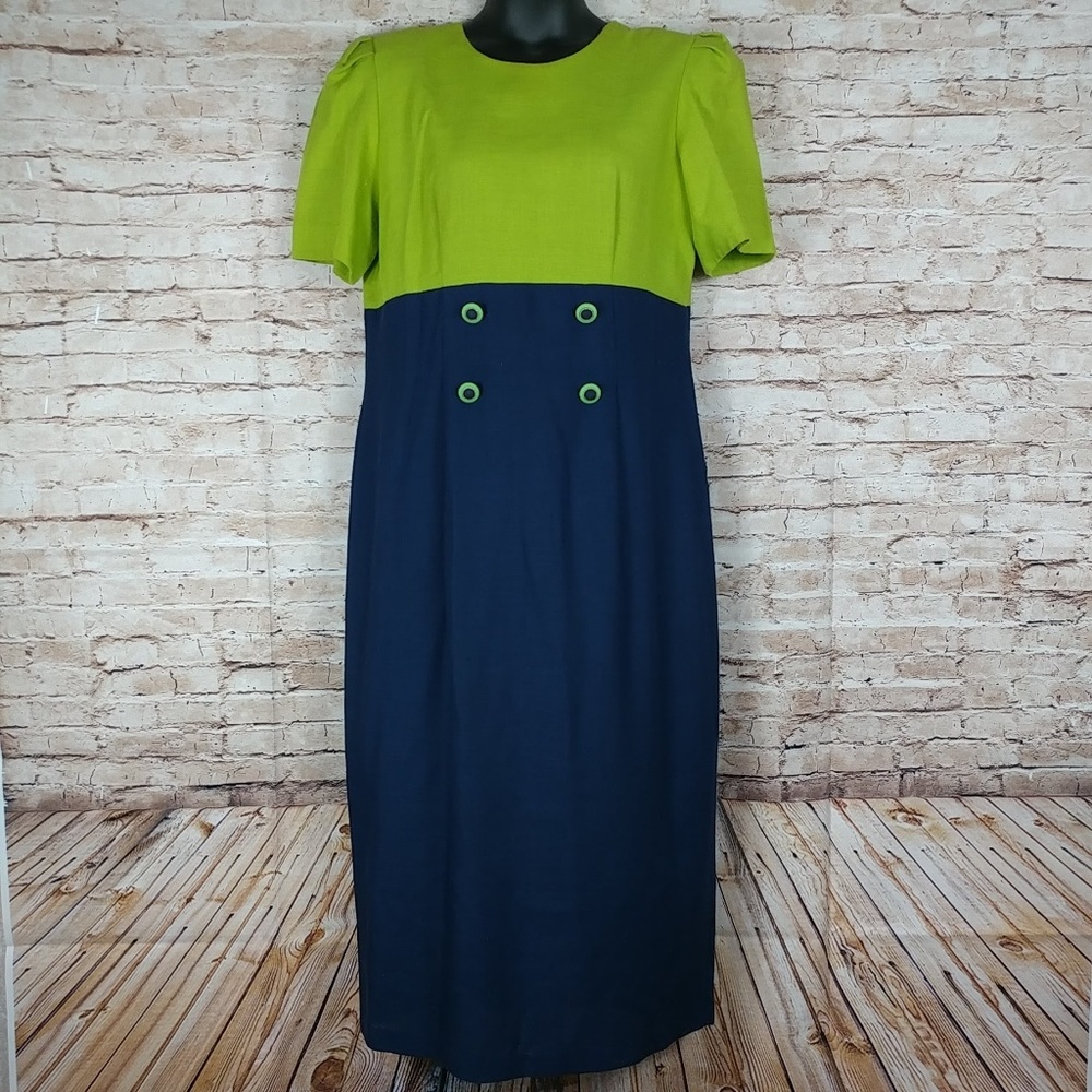 WYN Dress Size 14 Green/Blue Midi A-line Short Sleeves